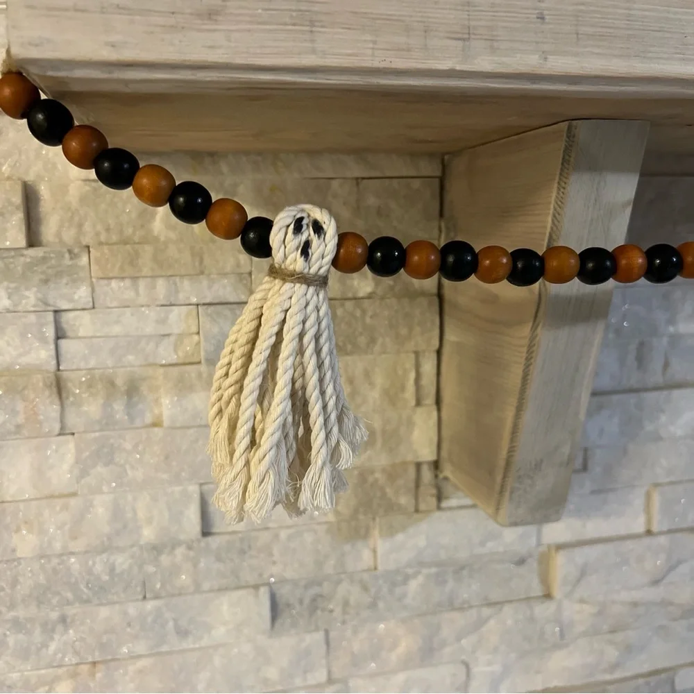Wooden Halloween Garland 7Ft Ghosts Beaded Handmade Cottage Rustic Farmhouse